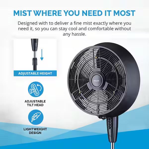 Open Box Newair 18 in. 3-Speed Wide-Angle Oscillating Outdoor Misting Fan and Pedestal Fan for Cool Down 500 sq. ft. - Black