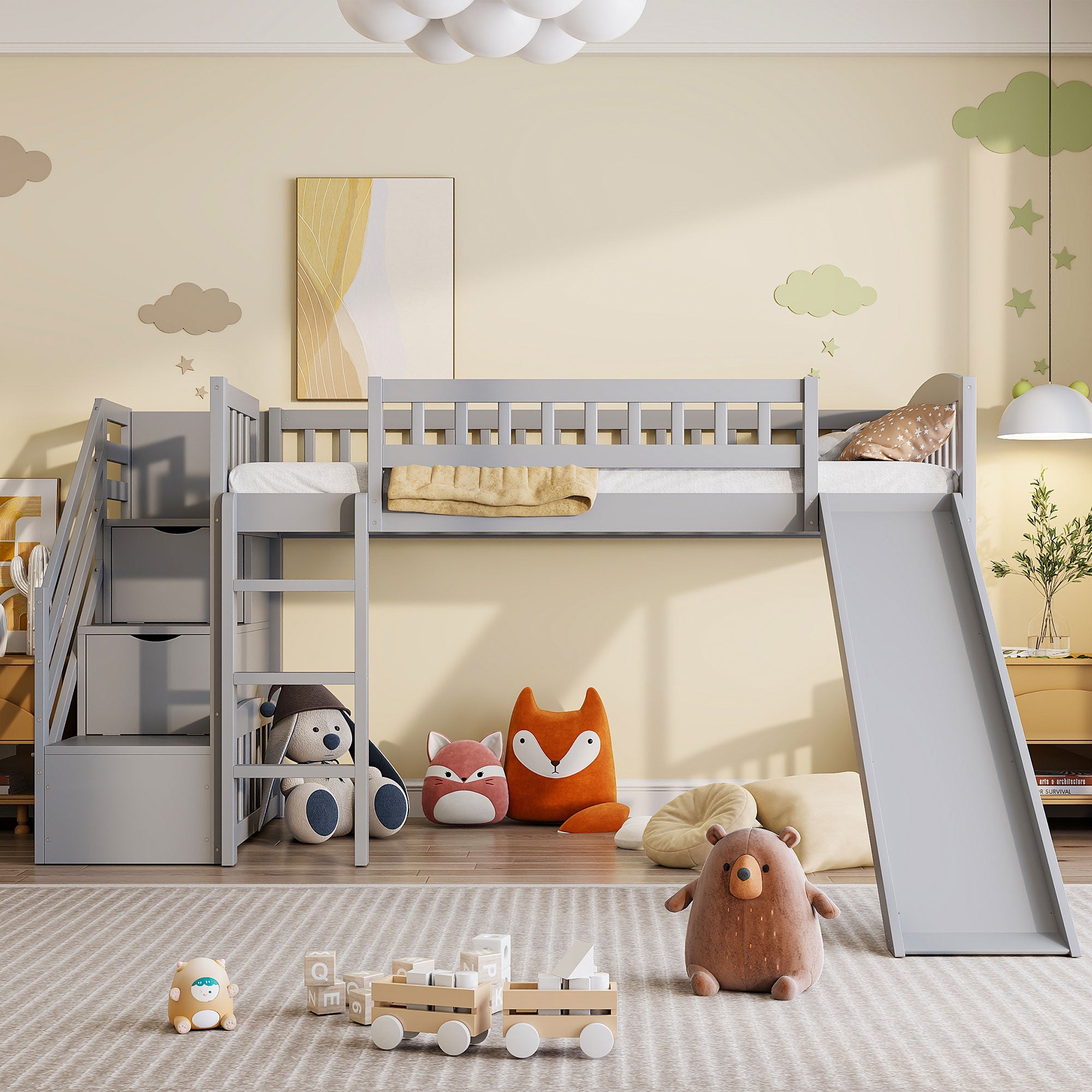 Stairway Twin Size Loft Bed with Two Drawers and Slide, Gray