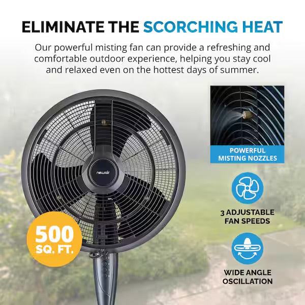 Open Box Newair 18 in. 3-Speed Wide-Angle Oscillating Outdoor Misting Fan and Pedestal Fan for Cool Down 500 sq. ft. - Black