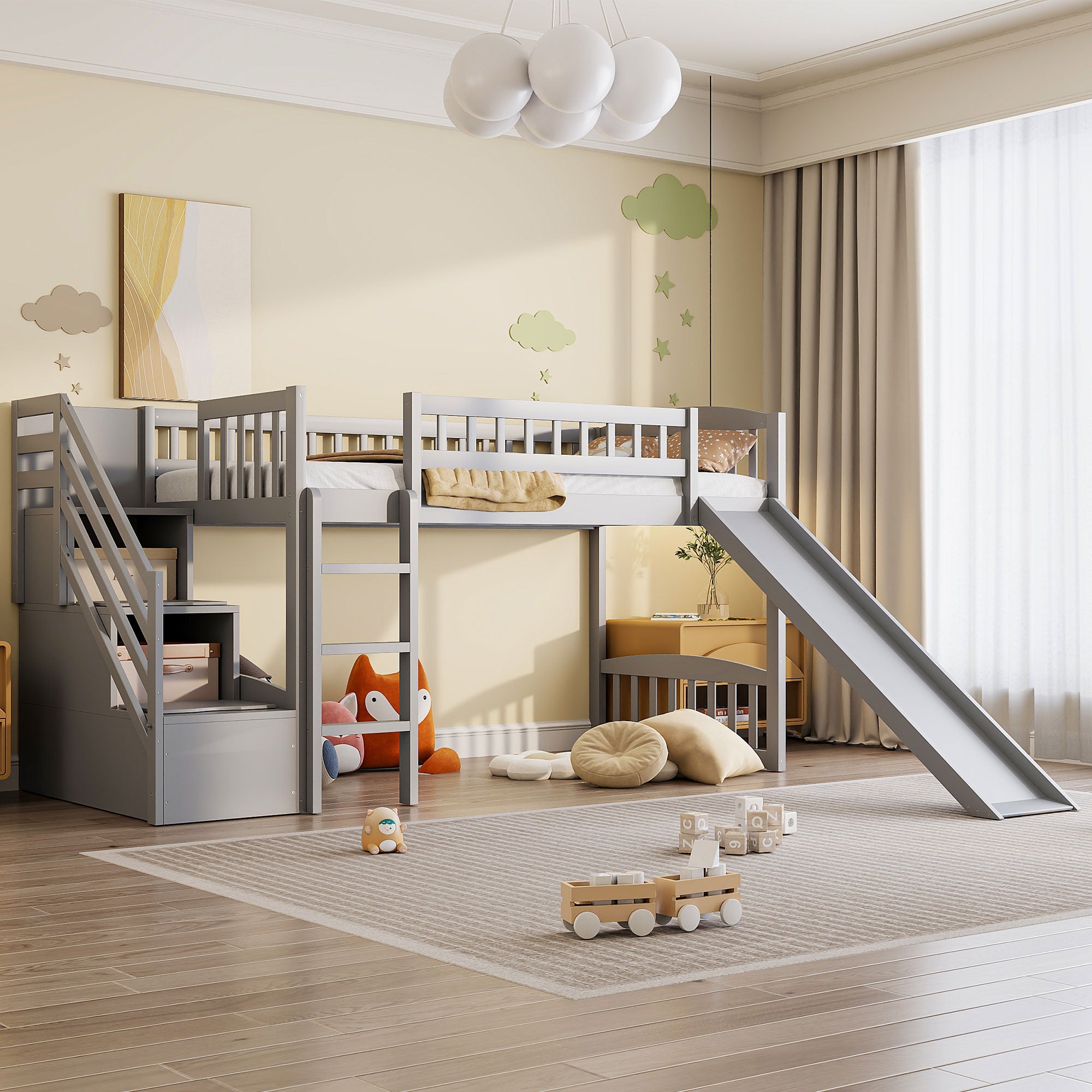 Stairway Twin Size Loft Bed with Two Drawers and Slide, Gray