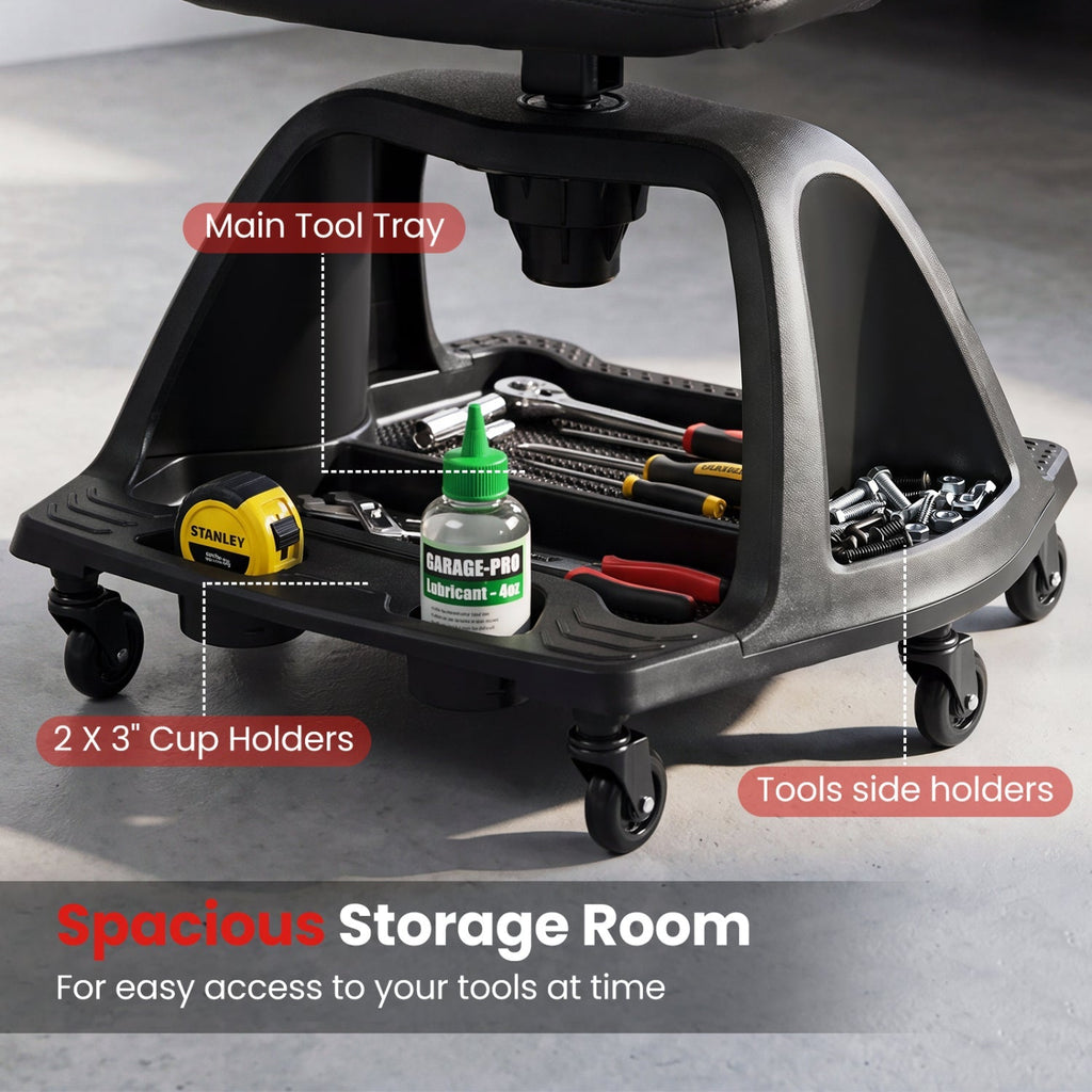 Rolling Mechanic Stool with Backrest and Tool Tray - 330 lbs
