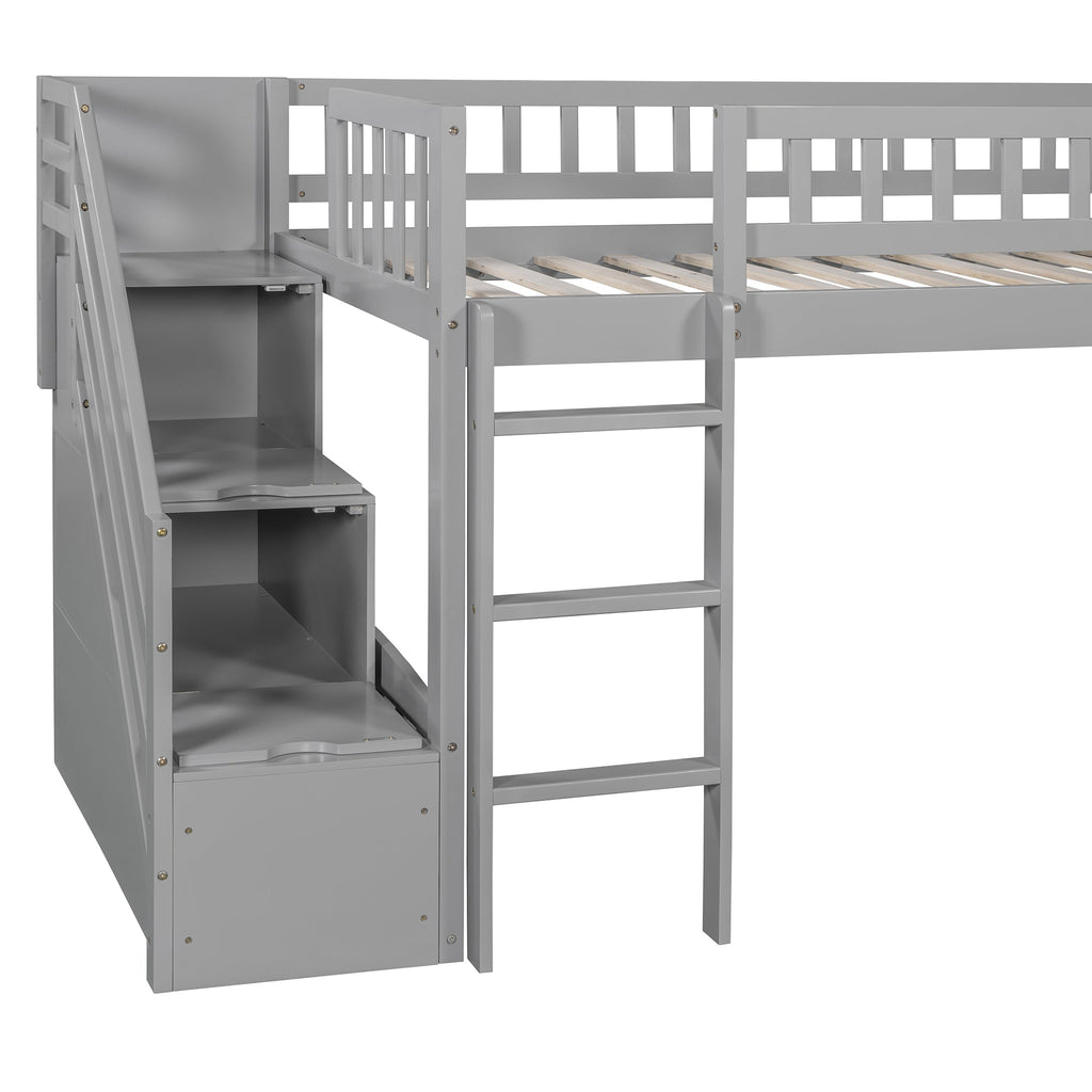 Stairway Twin Size Loft Bed with Two Drawers and Slide, Gray