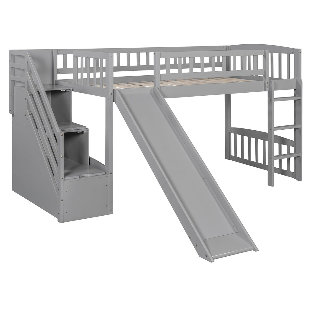 Stairway Twin Size Loft Bed with Two Drawers and Slide, Gray