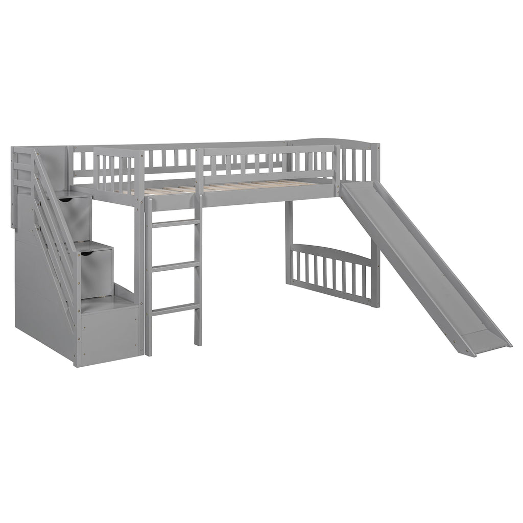 Stairway Twin Size Loft Bed with Two Drawers and Slide, Gray