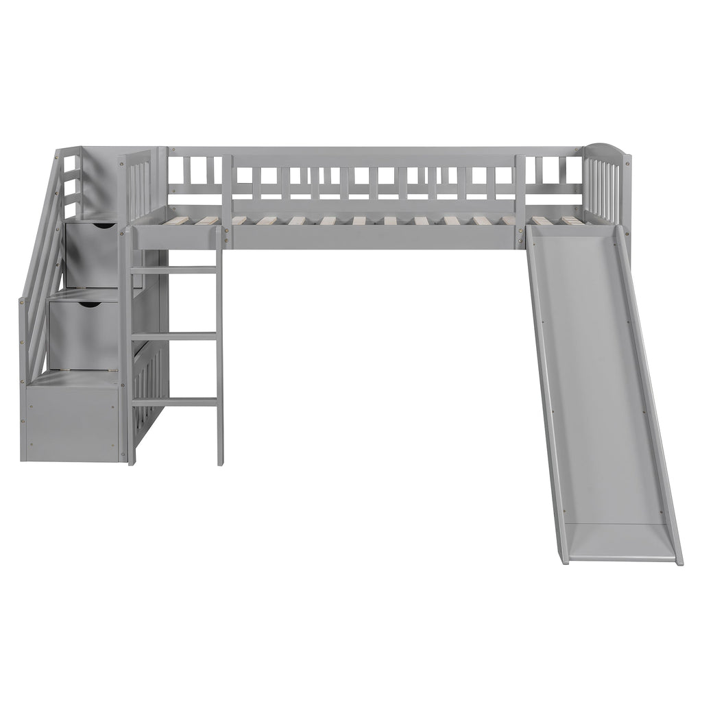 Stairway Twin Size Loft Bed with Two Drawers and Slide, Gray