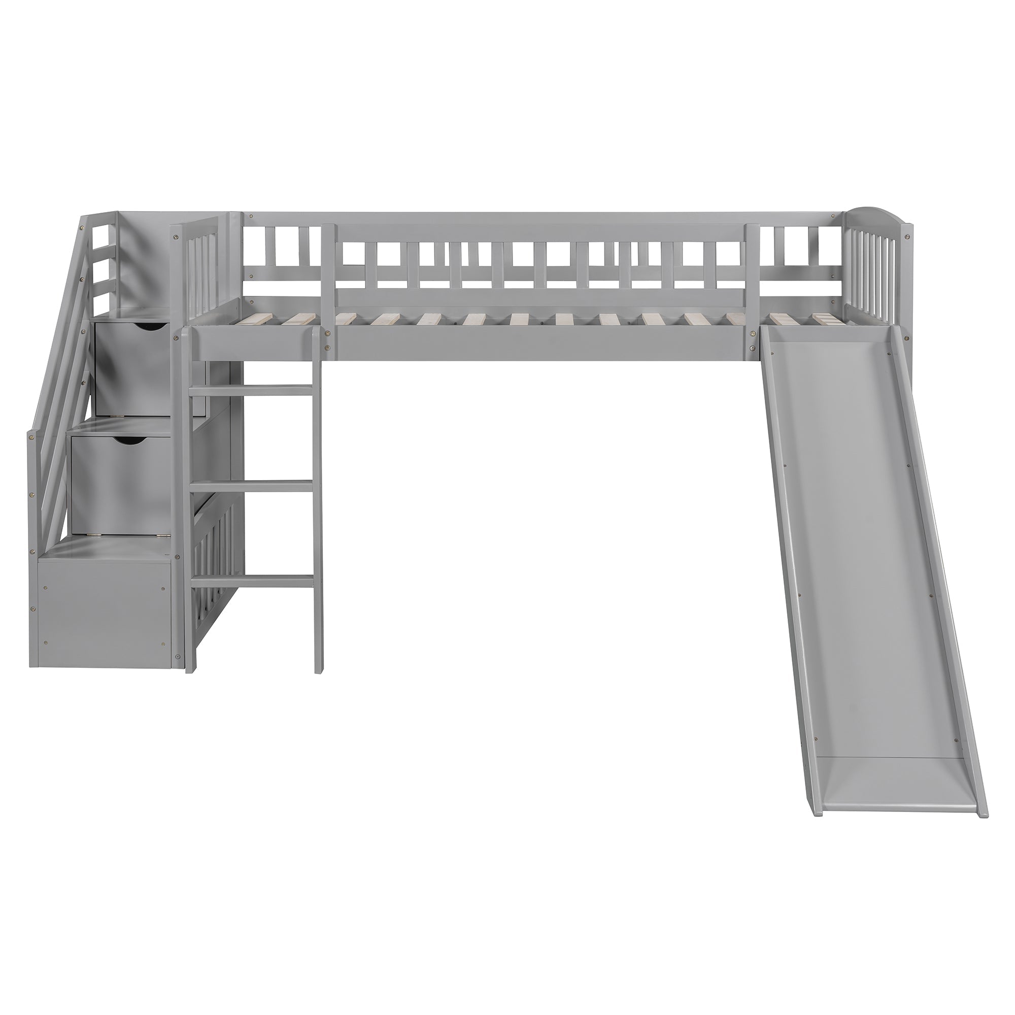 Stairway Twin Size Loft Bed with Two Drawers and Slide, Gray